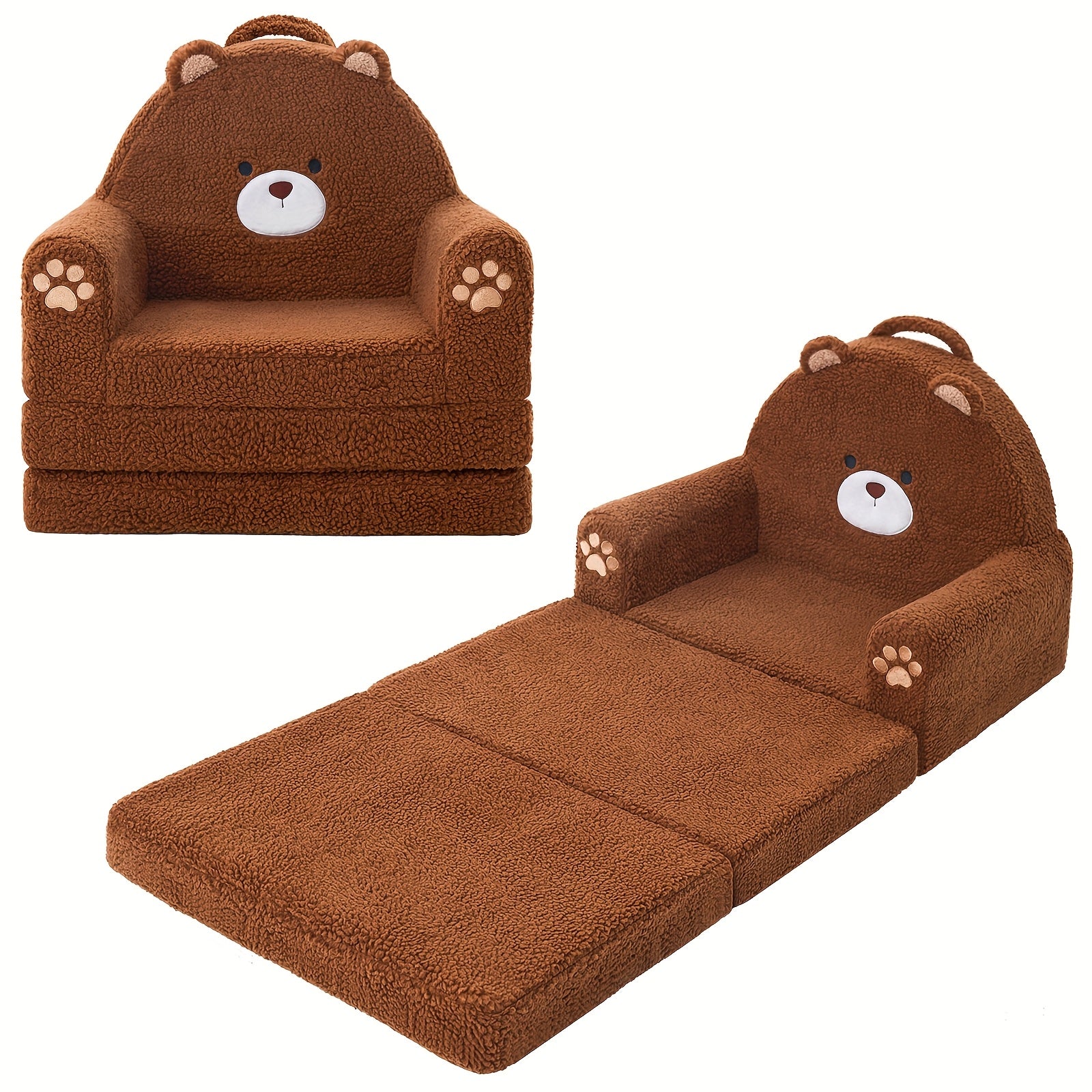 [2-in-1 Convertible Sofa] Kids Sofa 2-in-1 Convertible Kids Couch Fold Out Lounger Soft Sherpa Kids Chair High-Density Foam Sofa Cute Brown Bear Playroom Nursery Furniture for Boys Girls Room Decor
