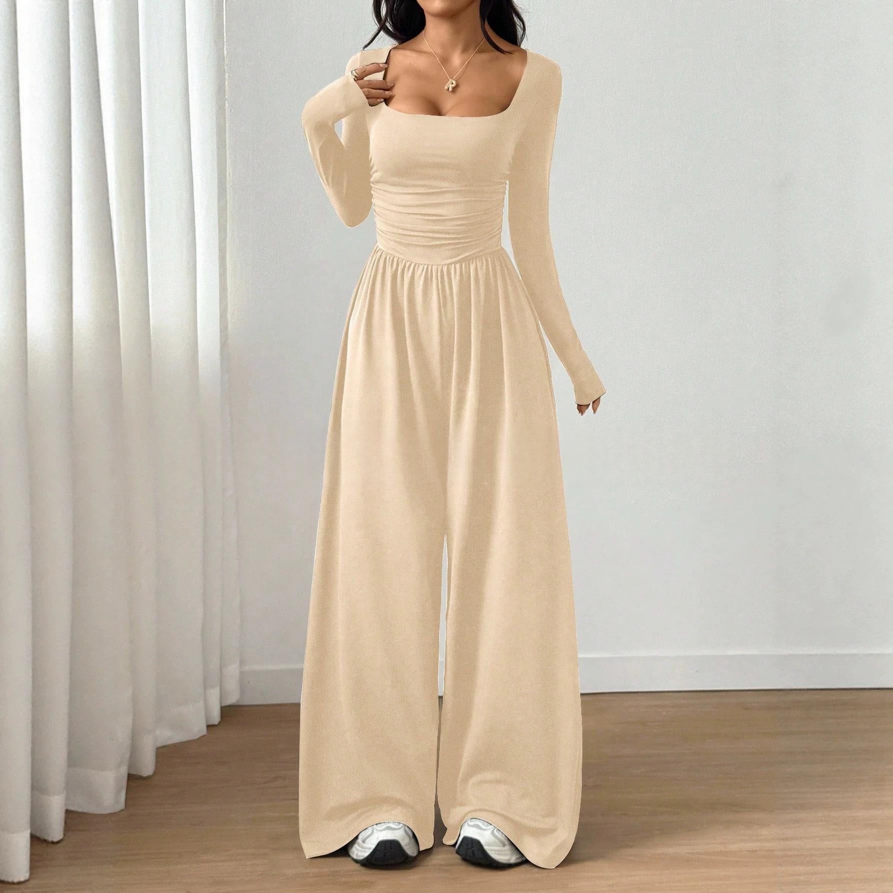 2026 Spring Fall Women's Casual Solid Color Square Neck Long Sleeve A-Line Jumpsuit Pleating Wide Leg Loose Mopping Jumpsuit
