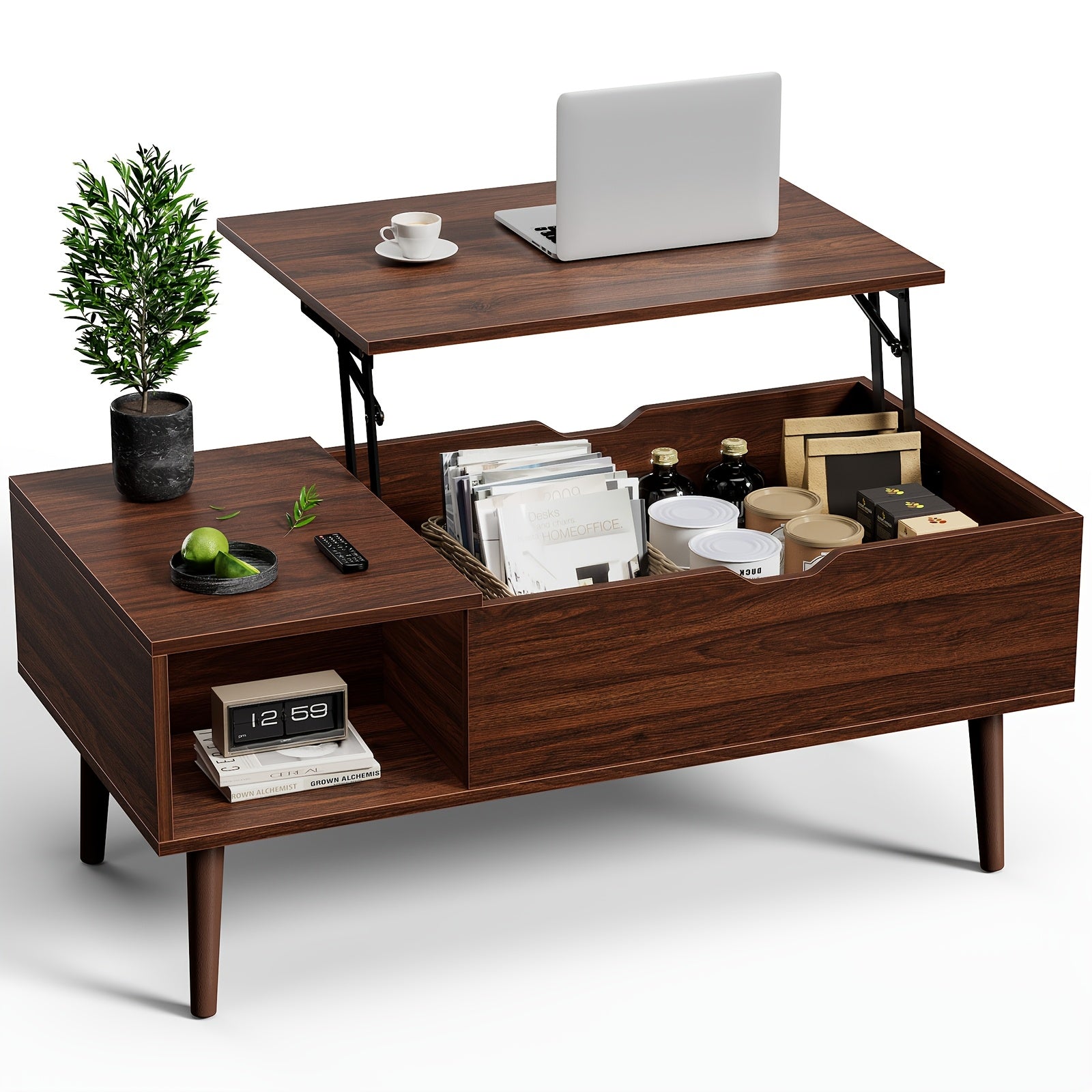 Height Adjustable Wooden Garden Coffee Table With Hidden Compartments And Storage Shelves