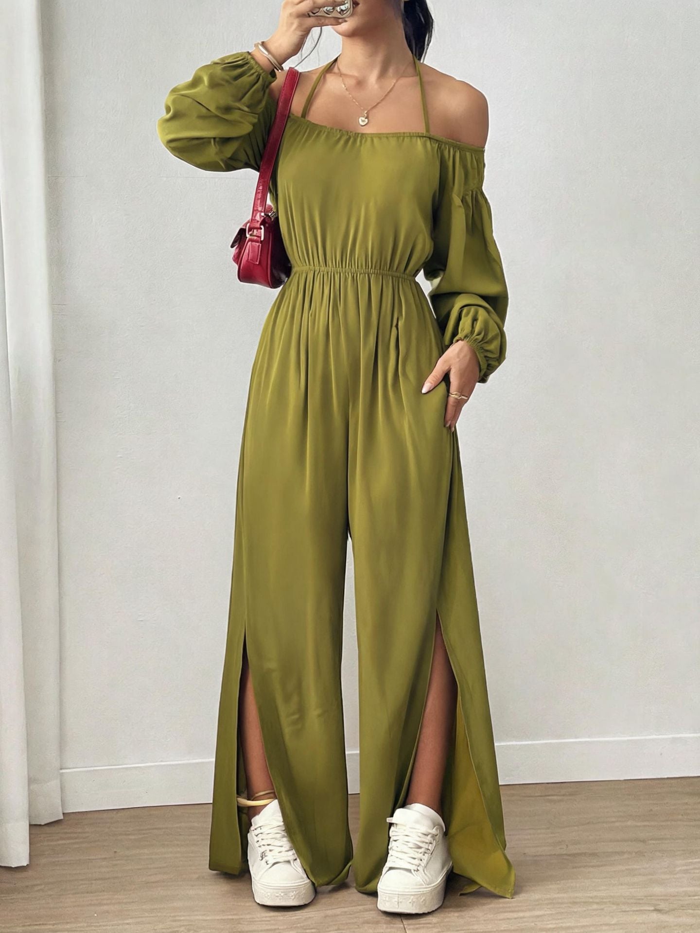 Women's Casual Strapless Slit Wide-Leg Jumpsuit