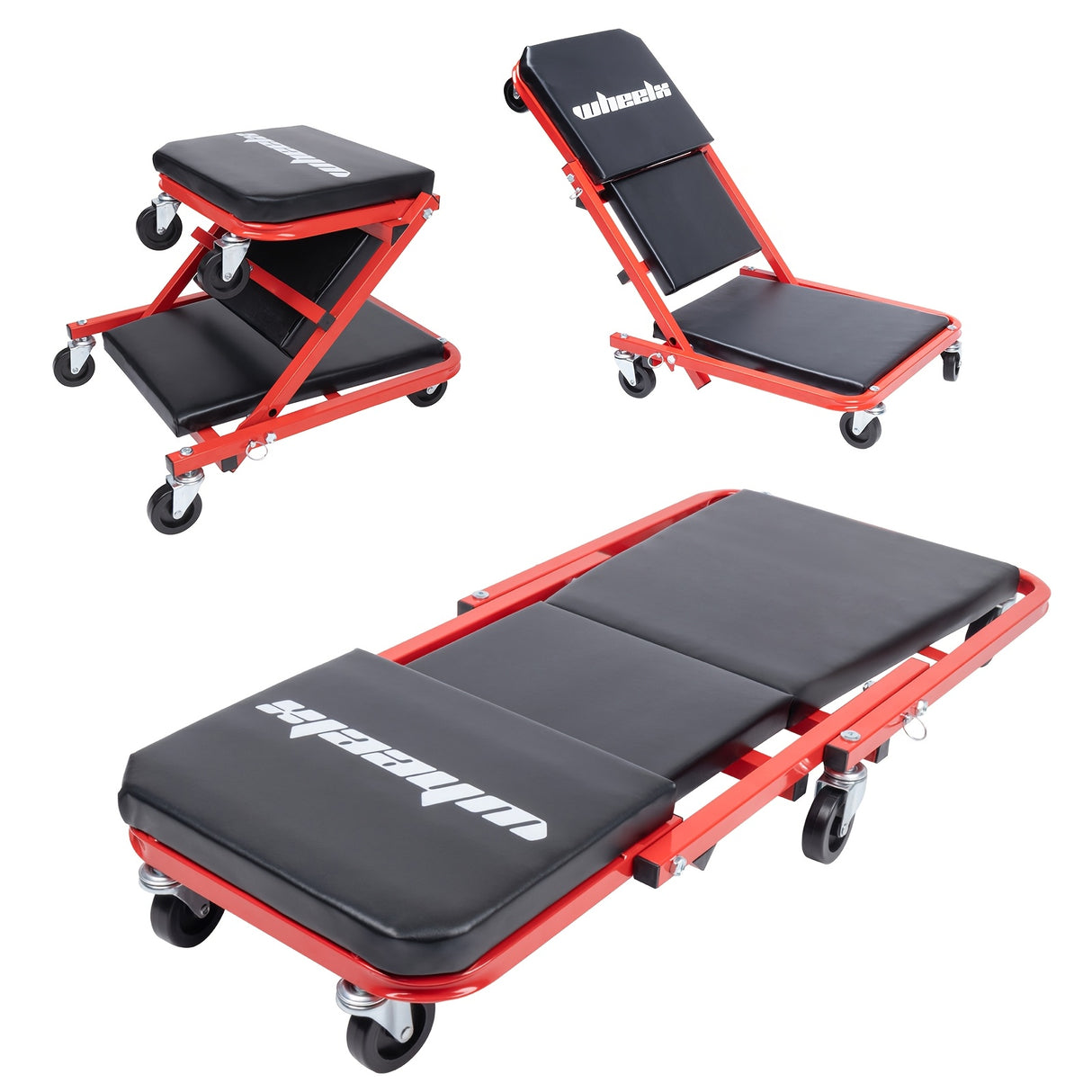 WheelX Mechanic Creeper | 36 Inches | 3-in-1/2-in-1/2-in-1 | 340lbs Capacity | Foldable | With 6pcs Wheels | Under Car Auto Repair | Red Black