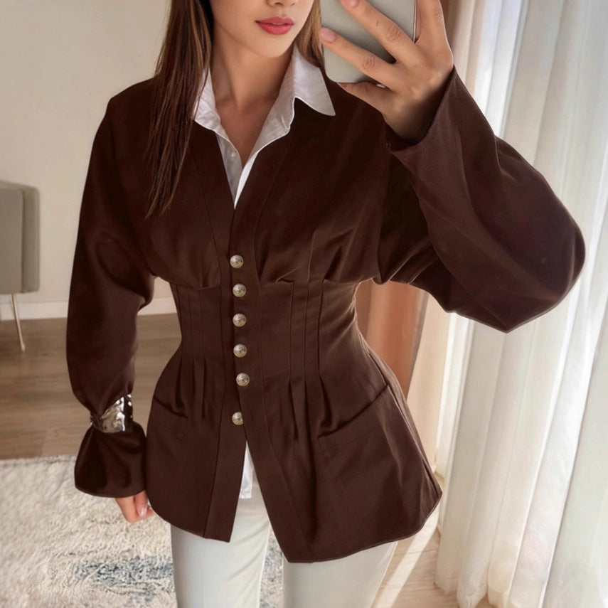 Simple French Waist V-neck Shirt Slim Fit Brown Long Sleeve