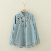 Japanese-style Sweet Fashion Spread Floral-embroidered Denim Shirt