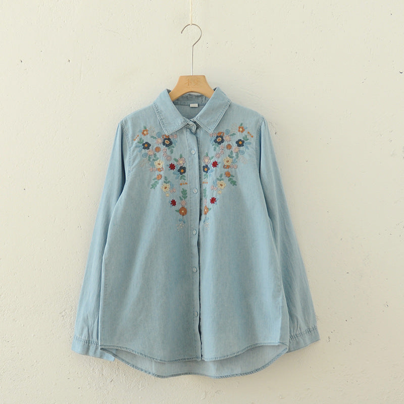 Japanese-style Sweet Fashion Spread Floral-embroidered Denim Shirt