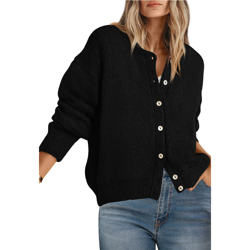 Loose Fit Round Neck Solid-color Long-sleeve Knit Cardigan