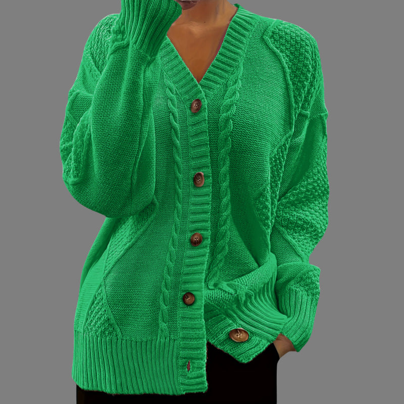 V-neck Knitted Cardigan Breasted Cable-knit Sweater Coat
