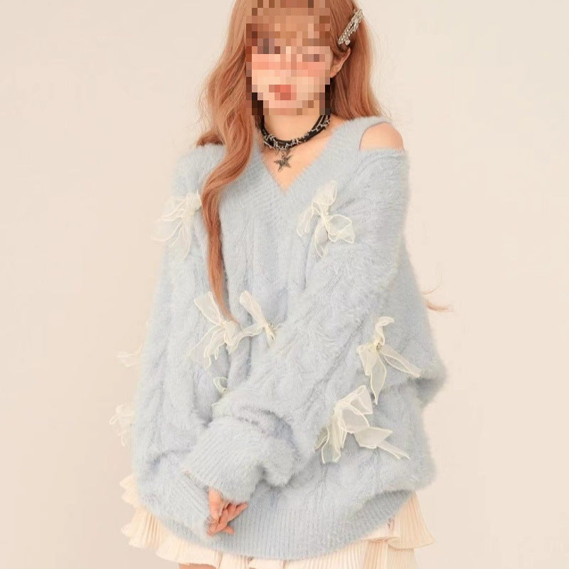 Fleece-lined Lazy Bow Jacket Long-sleeved Sweater