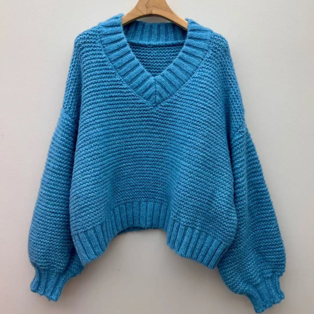 V-neck Loose-fit Long-sleeve Chunky-knit Sweater