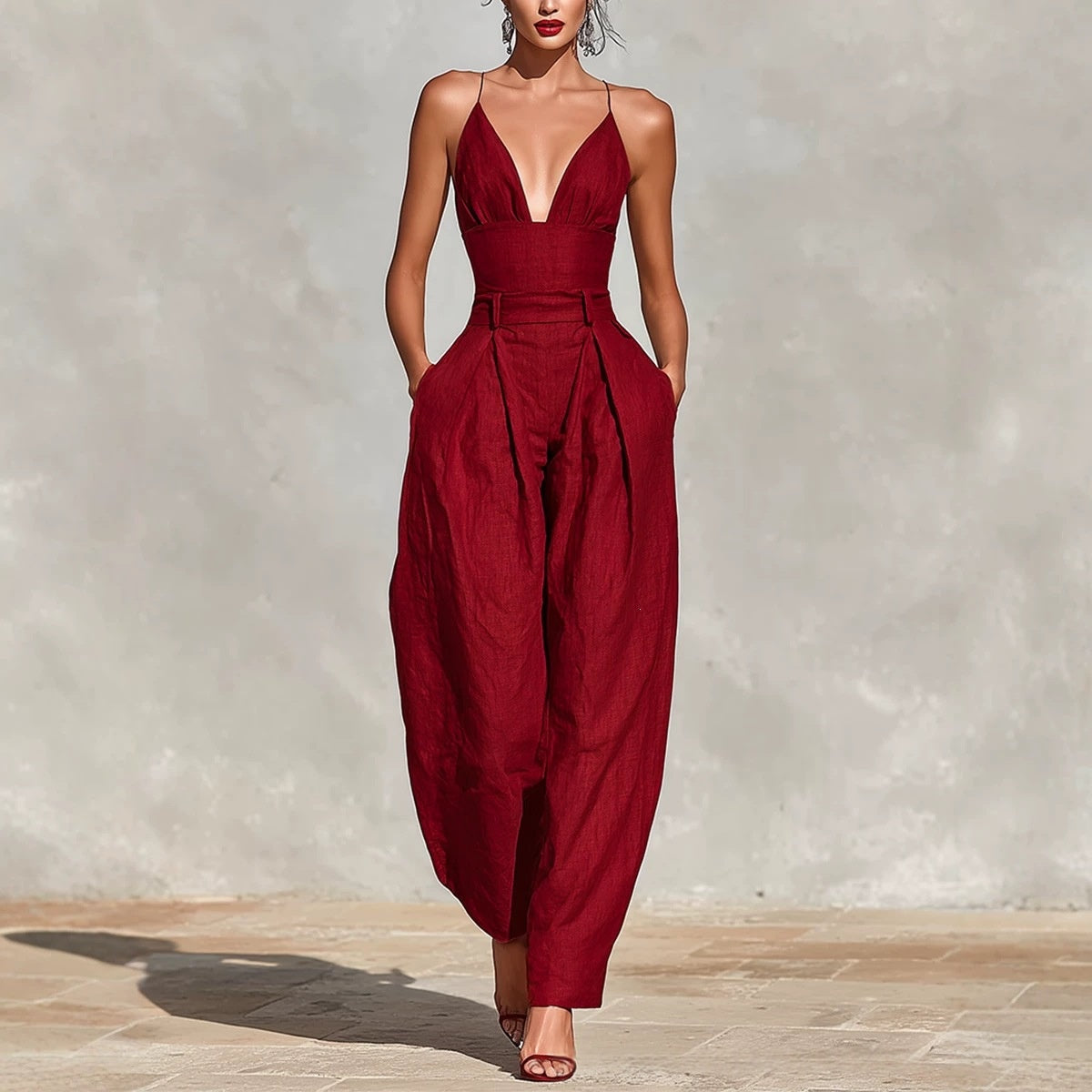 Minimalist Linen Crew-Neck Sleeveless Jumpsuit