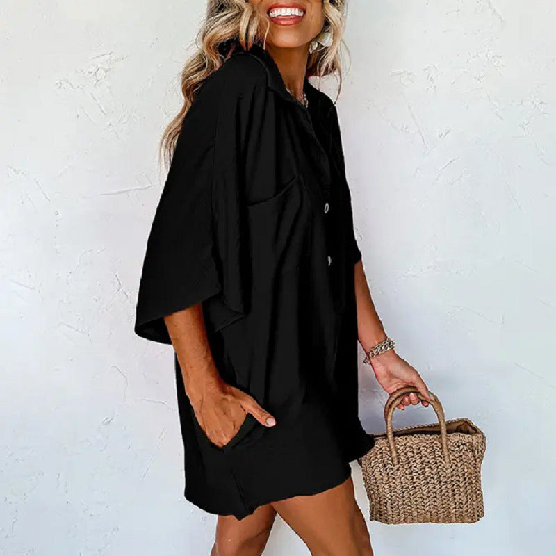 Summer Half-Sleeve Button-Up Wide-Leg Jumpsuit