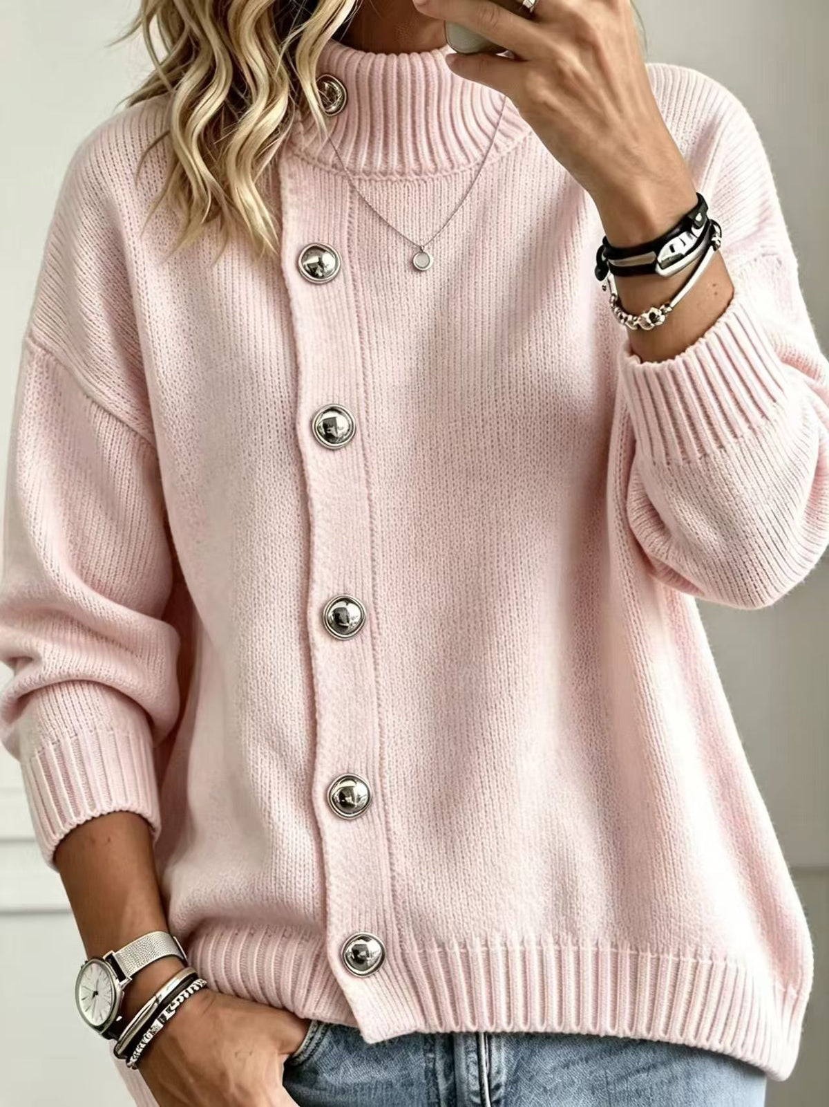 Womens Loose-fit Turtleneck Sweater with Metal Buttons