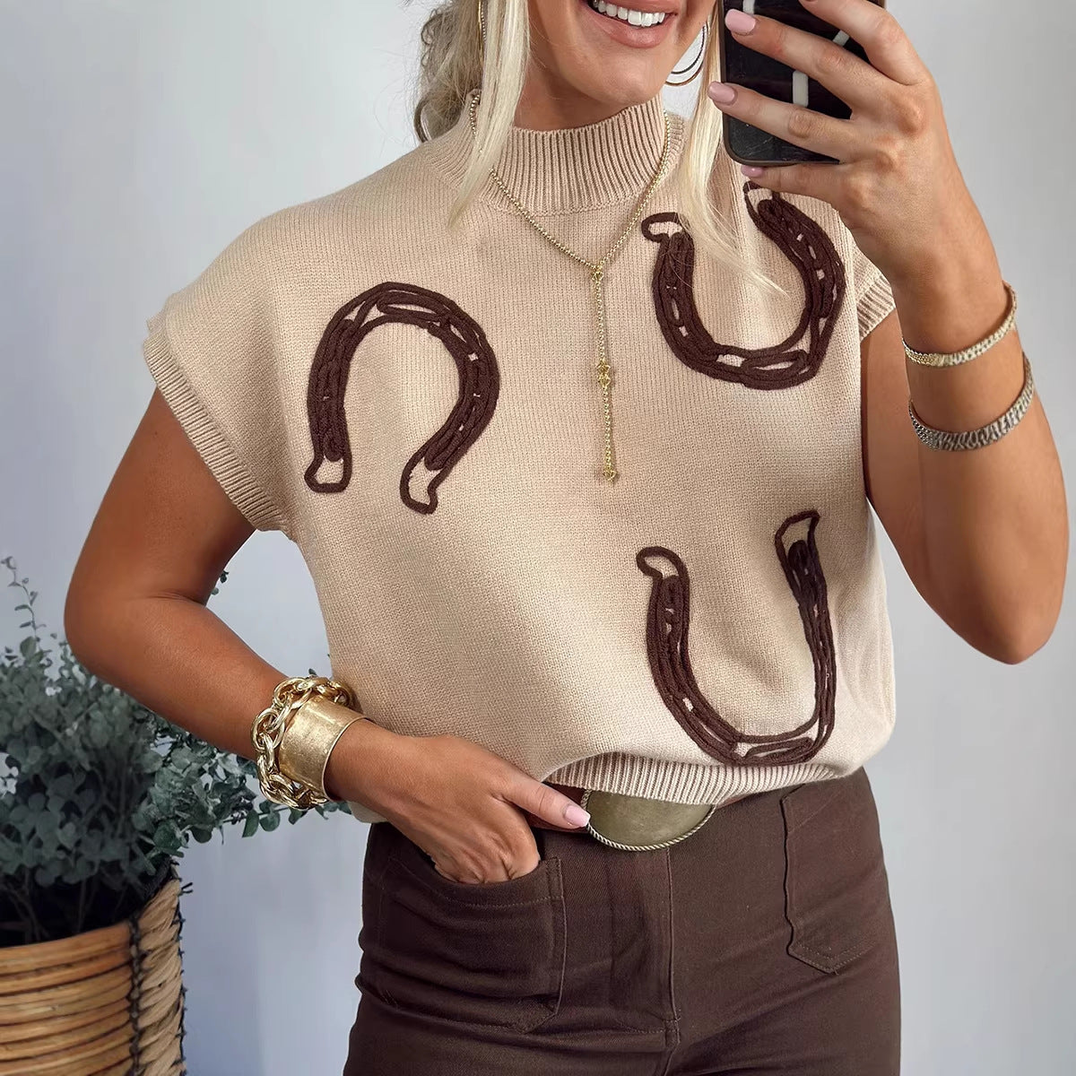 Womens Casual Colorblock Embroidered Loose Sweater