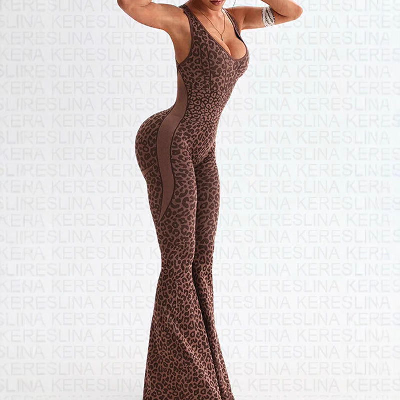 Leopard Print V-Neck Backless Slim Fit Halter Jumpsuit