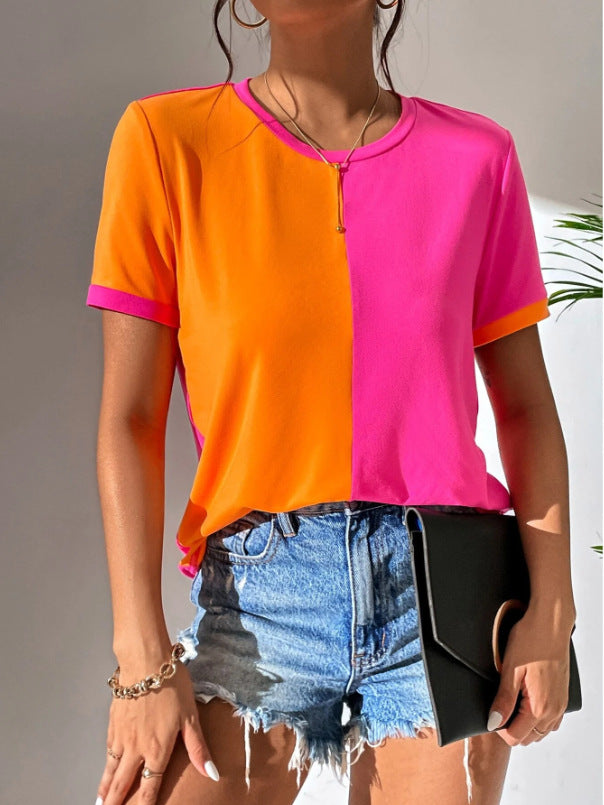 Casual Colorblock Short Sleeve Round Neck Tee
