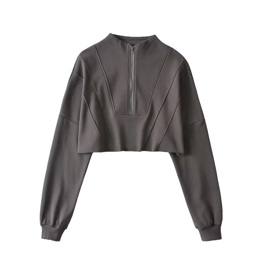 Women's Casual Half-Zip Solid Color Short Sweatshirt