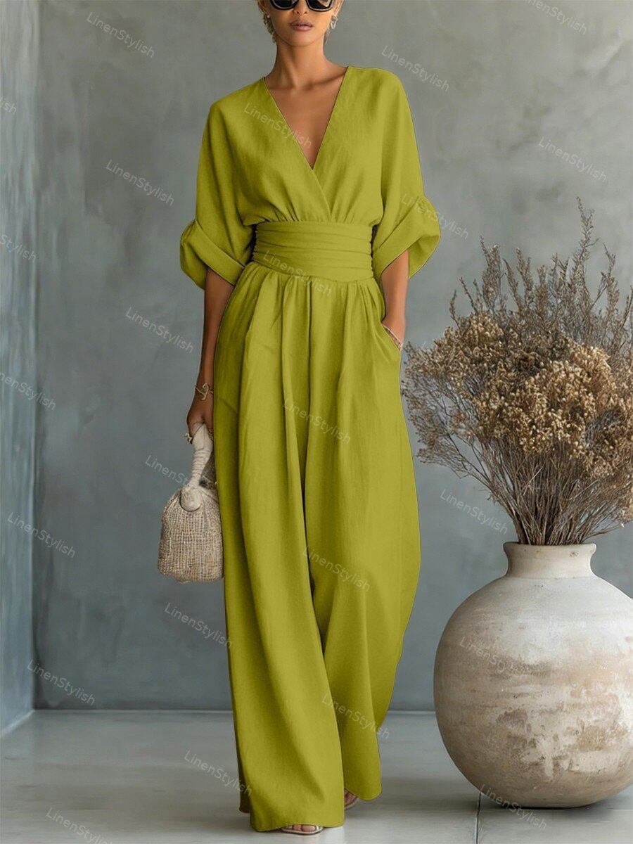 Elegant V-Neck Wide-Leg Waist-Cinching Jumpsuit