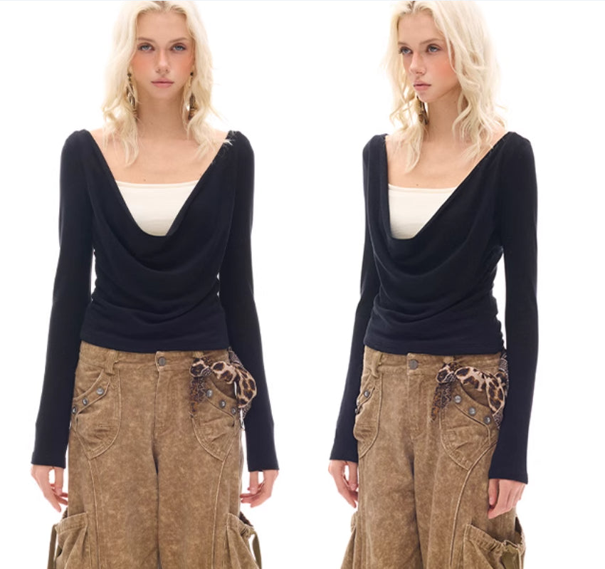 Beaded Swing Collar Knitted Top With Chest Pad