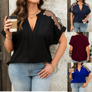 Mesh Sequin V‑Neck Casual Loose Top – Ruffle‑Trim Chiffon Blouse