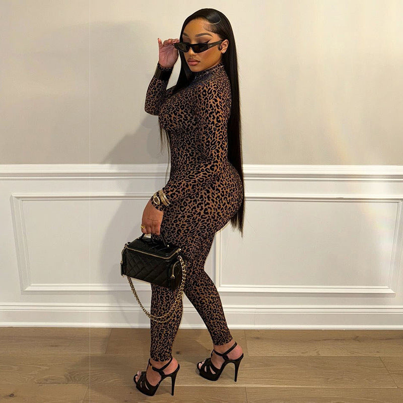 Sexy Leopard Print High-Waist Long-Sleeve Jumpsuit