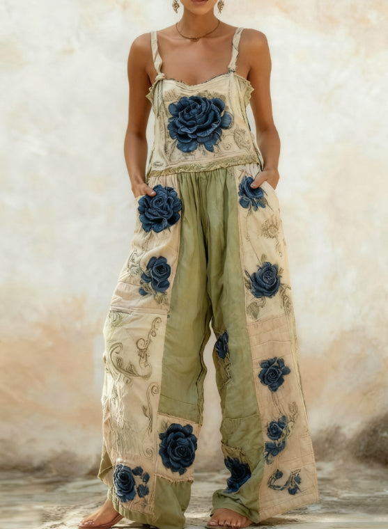 Bohemian Style Rose Embroidered Floral Patchwork Jumpsuit