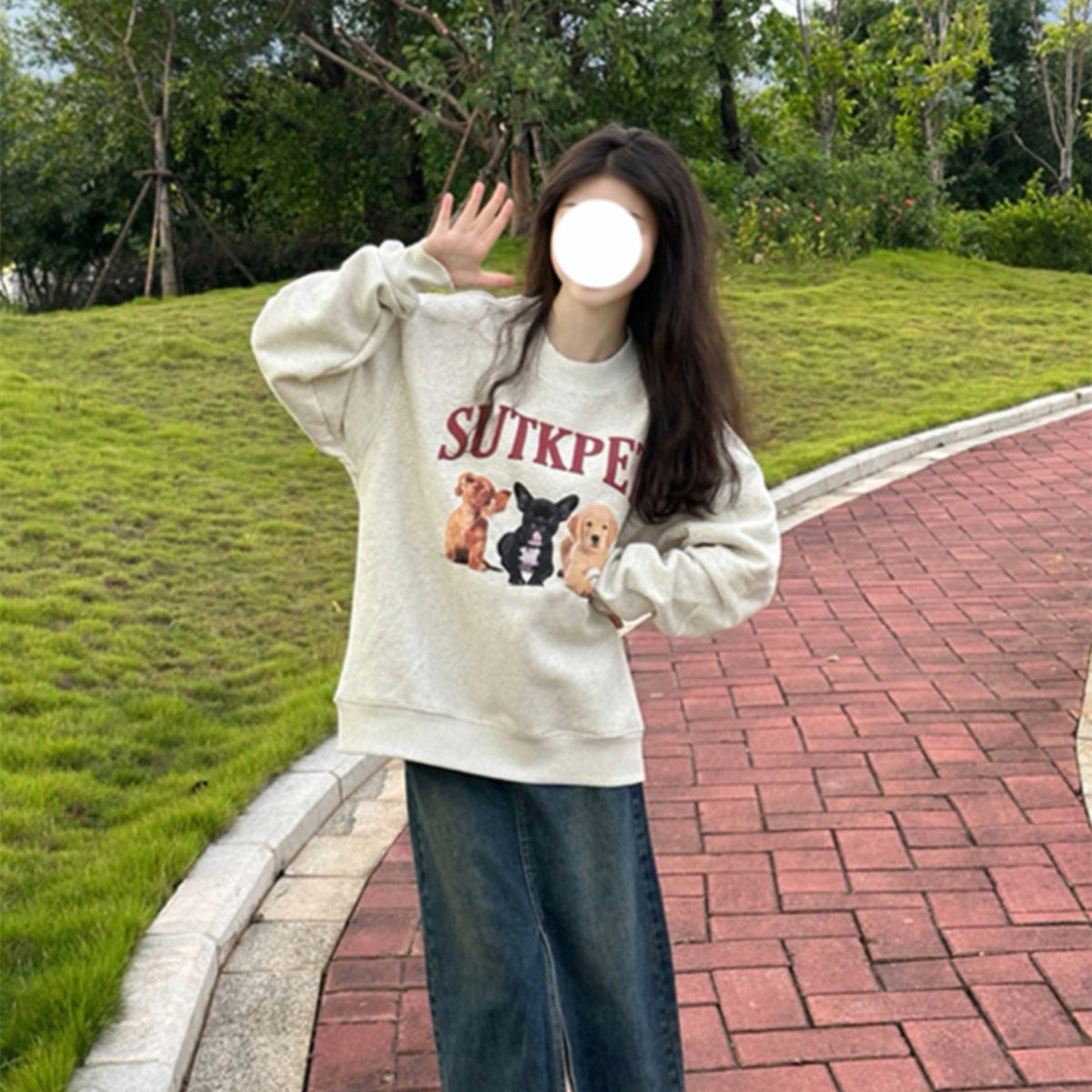 Retro Cartoon Puppy Gray Pullover Sweater