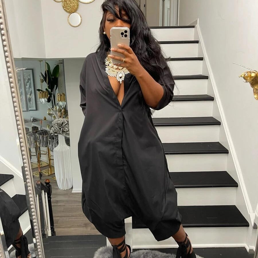 Womens Loose Wide-leg Casual Jumpsuit With A Cardigan-style Top