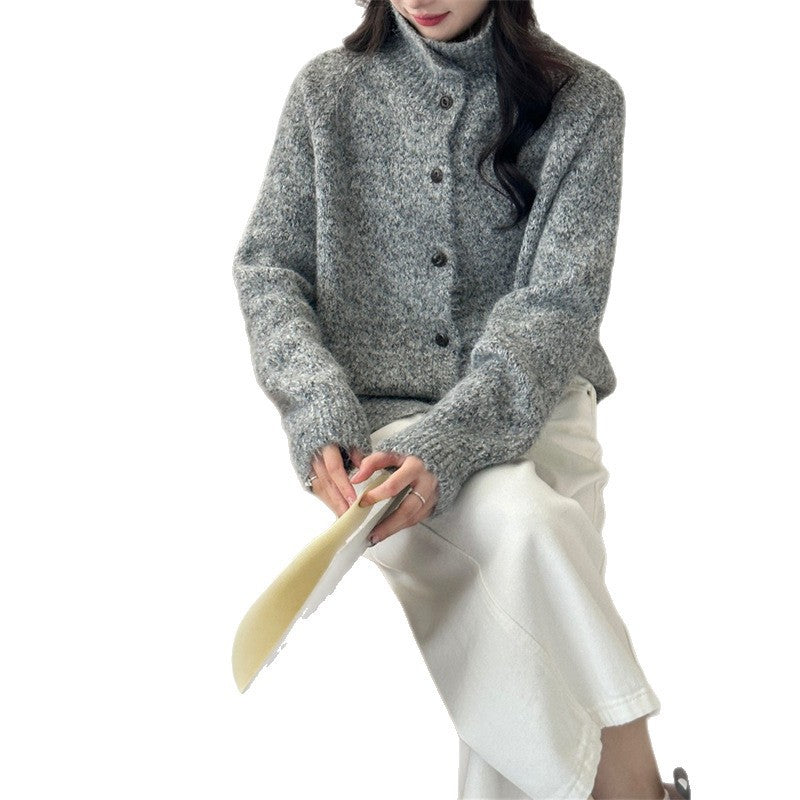 Retro Laid-back Turtleneck Knit Cardigan Sweater Coat