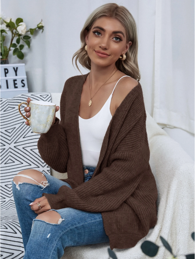 Open Front Drop Shoulder Solid Cardigan,long Sleeve Tops