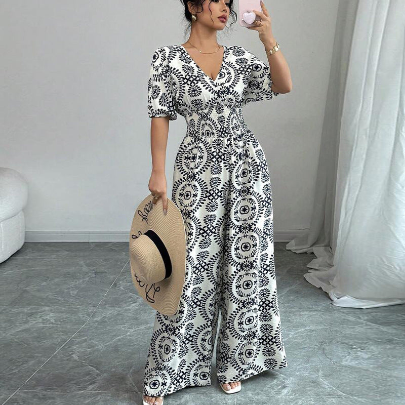 Boho Wide-Leg Jumpsuit with Pockets
