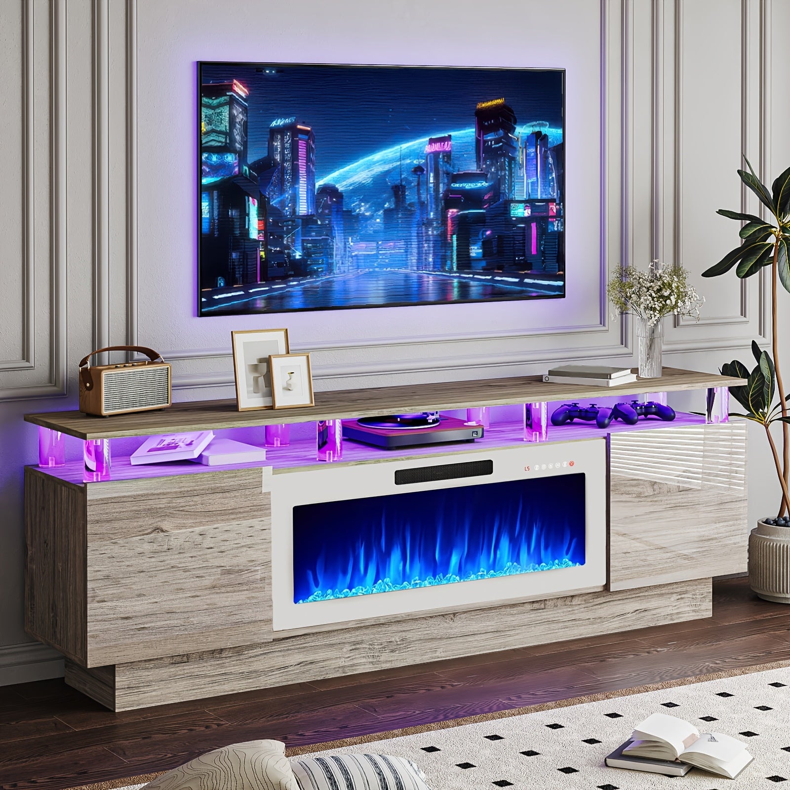 36‑Inch Electric Fireplace TV Stand – 2‑Tier Modern Wood Media Console with 70‑Inch LED Light