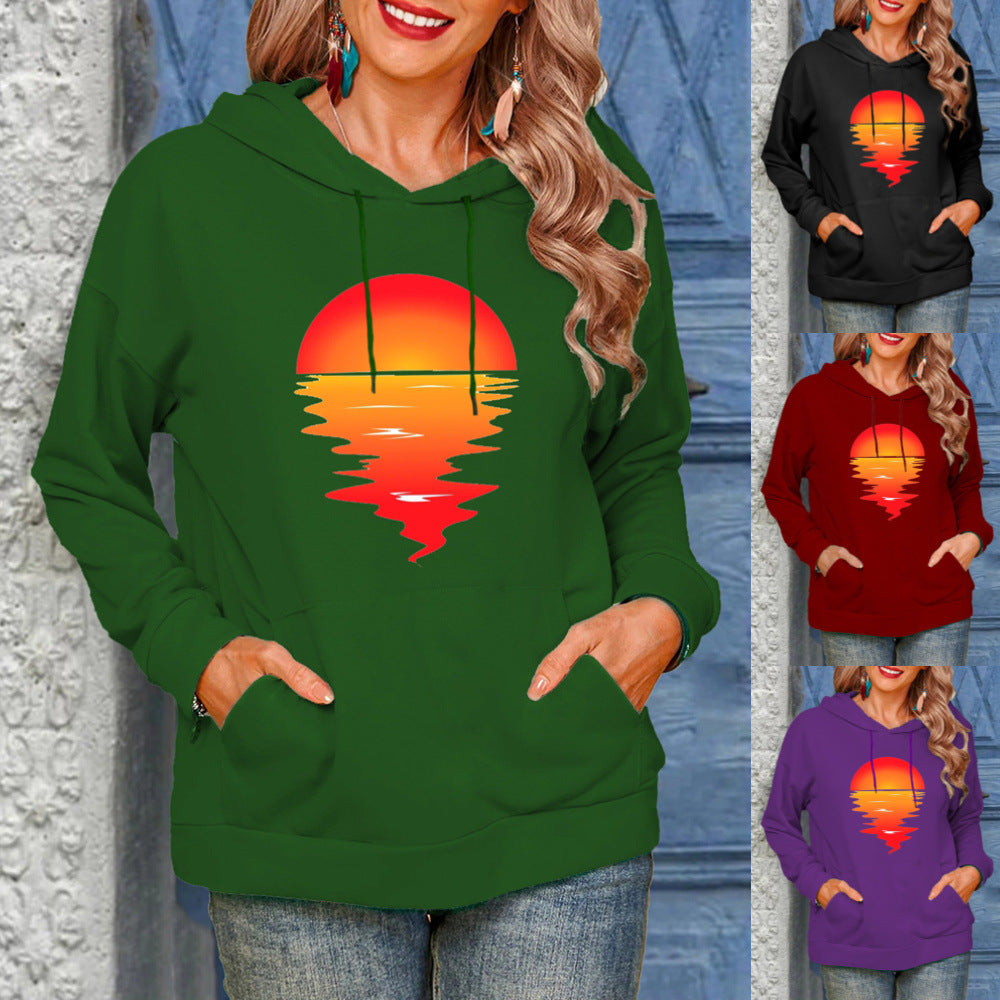 Women's Sun Print Drawstring Casual Hoodie