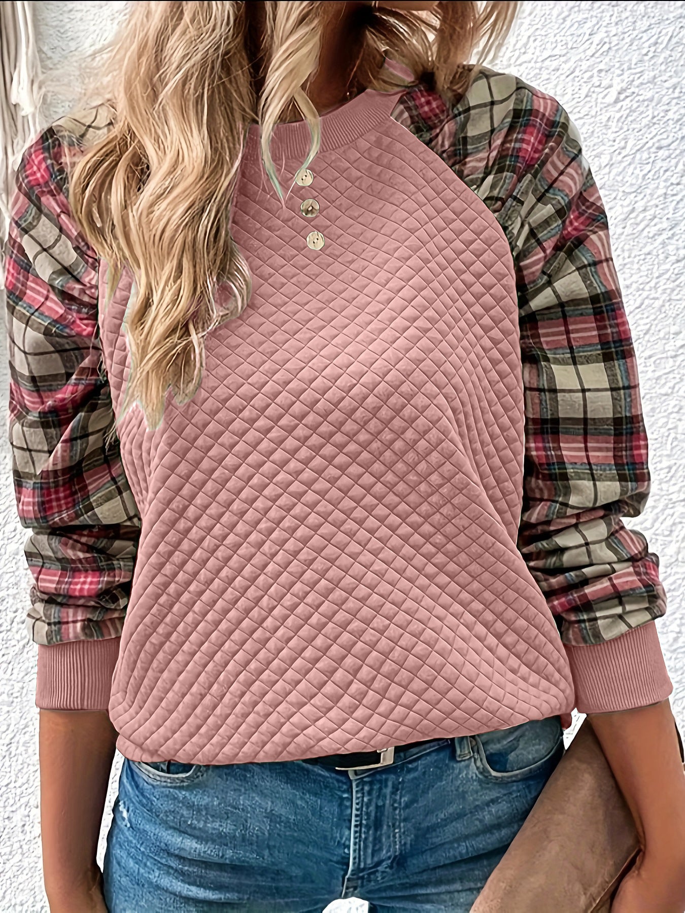 Diamond Plaid Long Sleeve Crew Neck Sweater