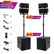 Club 6000 2‑Channel PA Speaker System – 4 × 6.5‑Inch Line Array Speakers, 2 × 15‑Inch Subwoofers, Wireless, USB/SD, Remote Control, 8000 W, Dual 110‑V/220‑V