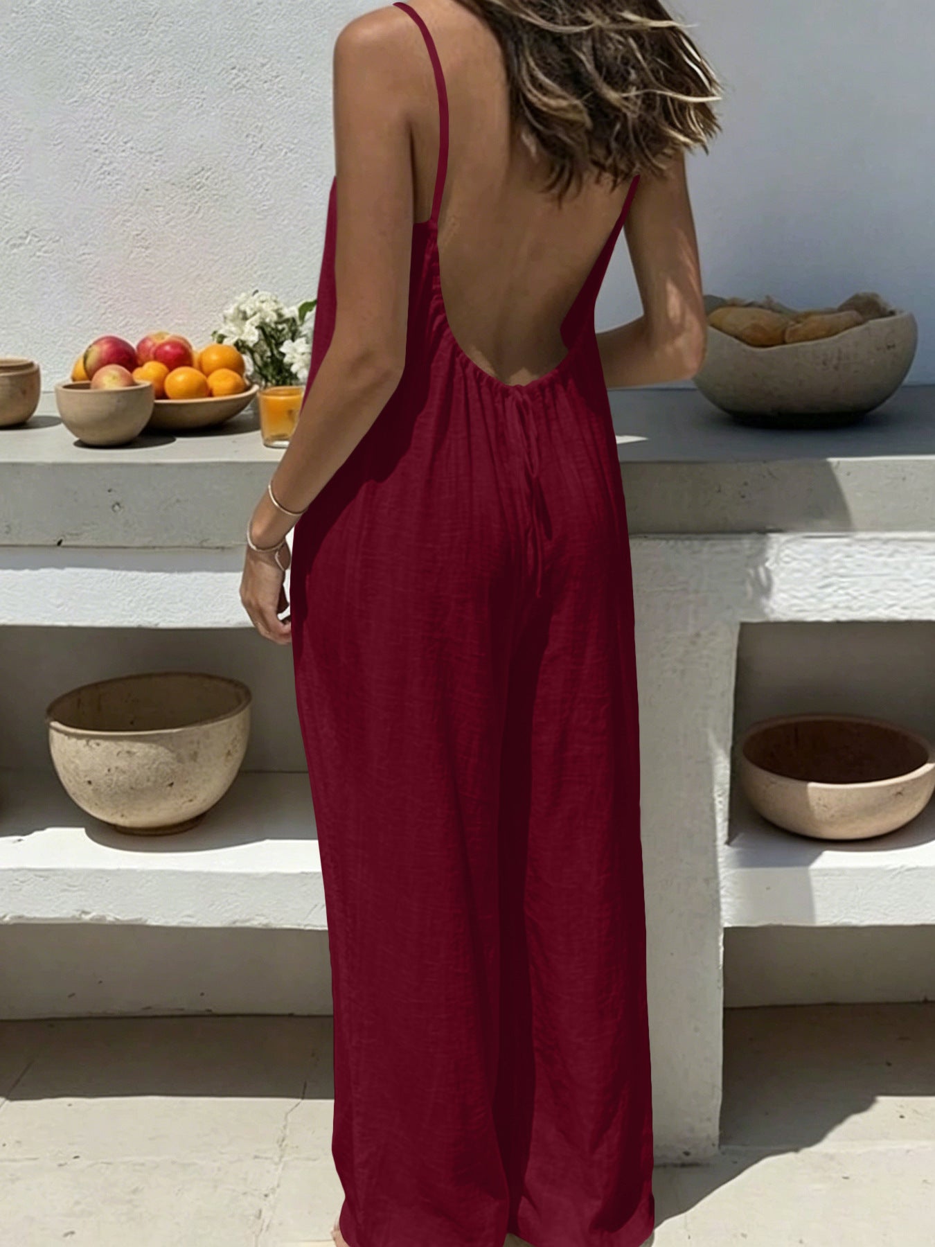 Womens Backless Drawstring Loose Strap Wide-leg Jumpsuit