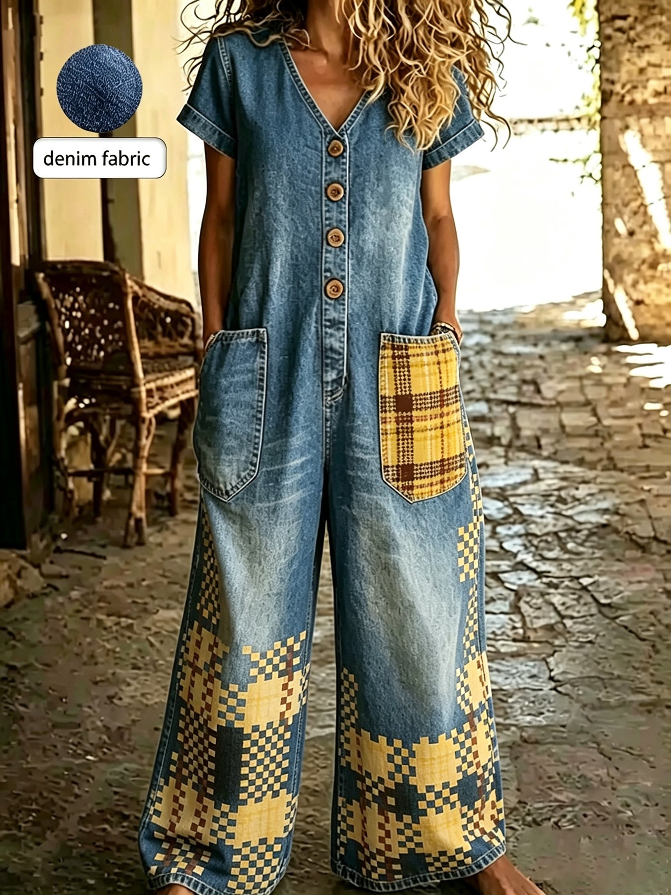 Casual Denim Wide-Leg Short Sleeve Jumpsuit with Pockets