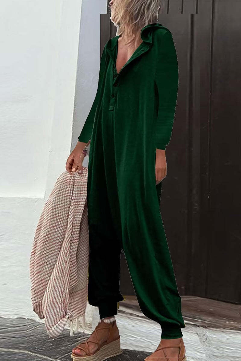 Casual Hooded Pocket Long Sleeve Jumpsuit Baggy Pants