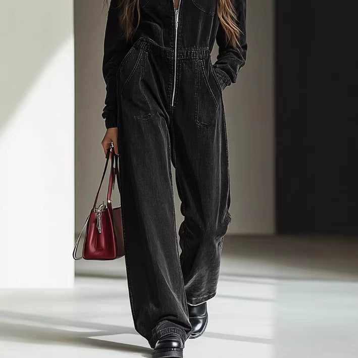 Retro Denim Hooded Jumpsuit with Elastic Waist