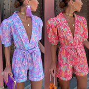 Deep V-neck Puff Short Sleeve Printed Elastic Waistband Pocket Shorts Jumpsuit