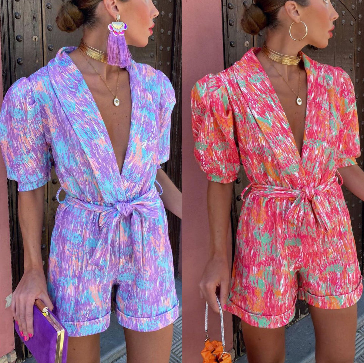 Deep V-neck Puff Short Sleeve Printed Elastic Waistband Pocket Shorts Jumpsuit