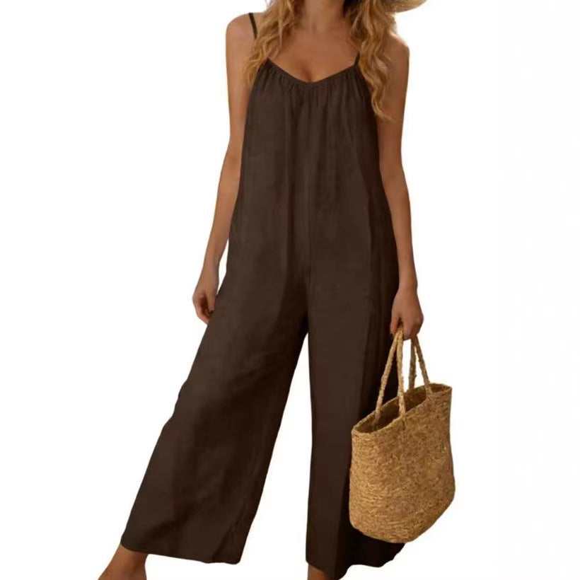Casual Loose-Fit Pocket Overalls Adjustable Strap Jumpsuit