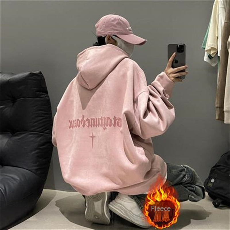 Plush Fleece Burgundy Suede Pullover Hoodie
