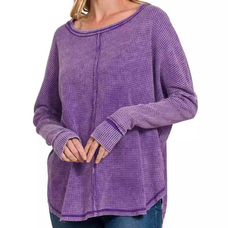 Women's Casual Washed Waffle Long-Sleeve Pullover Top