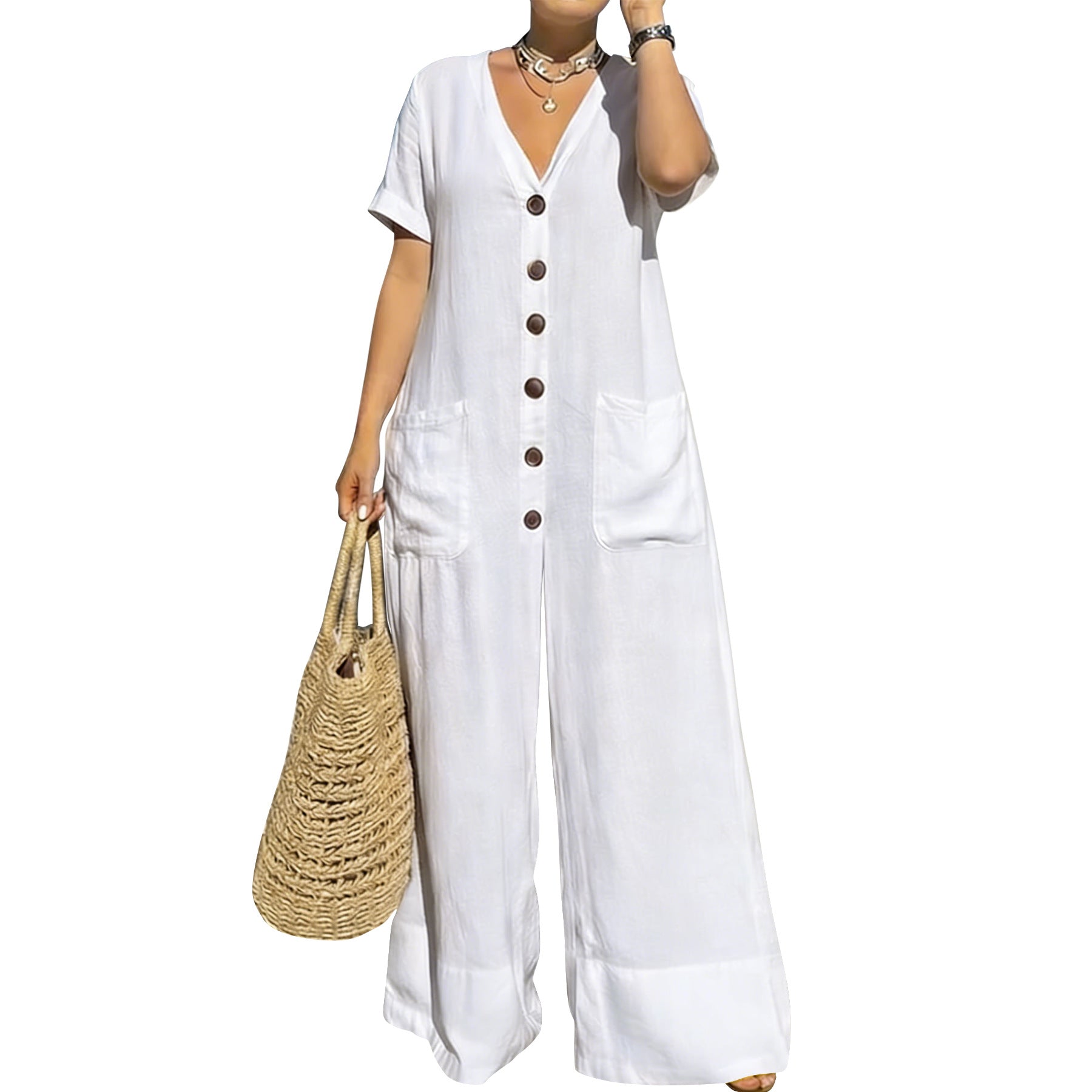 Plus Size Casual V-Neck Button Wide-Leg Jumpsuit