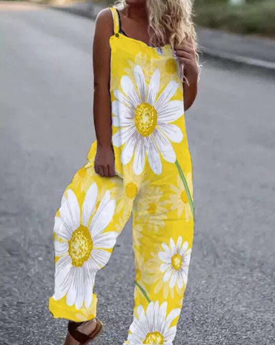 Printed Casual Beach Jumpsuit with Suspenders