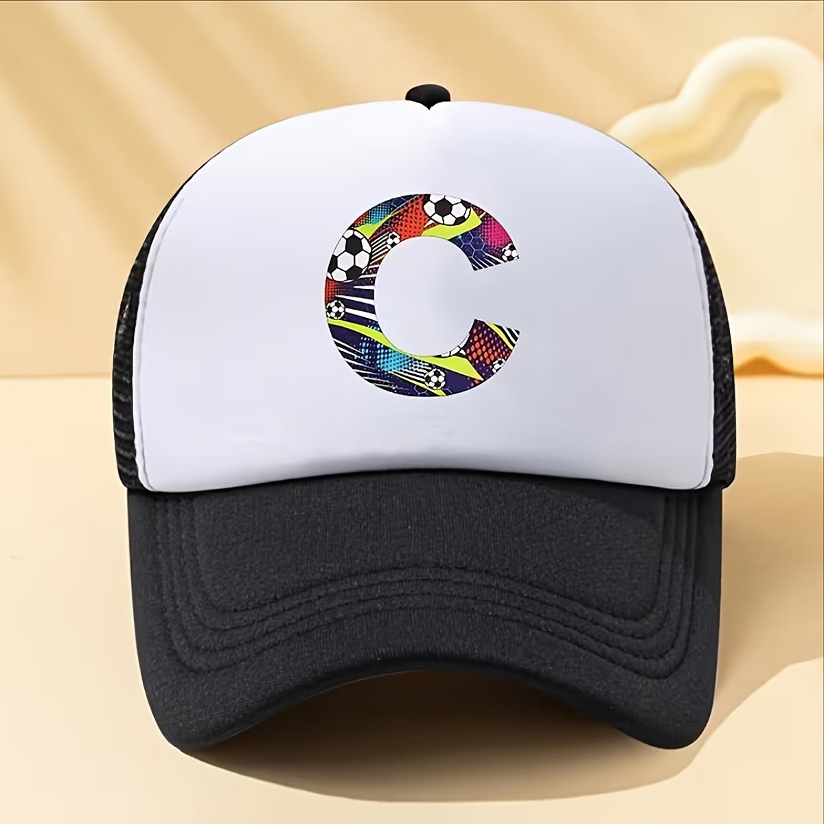 Kids Soccer-Themed Mesh Trucker Cap with A‑Z Letter Print