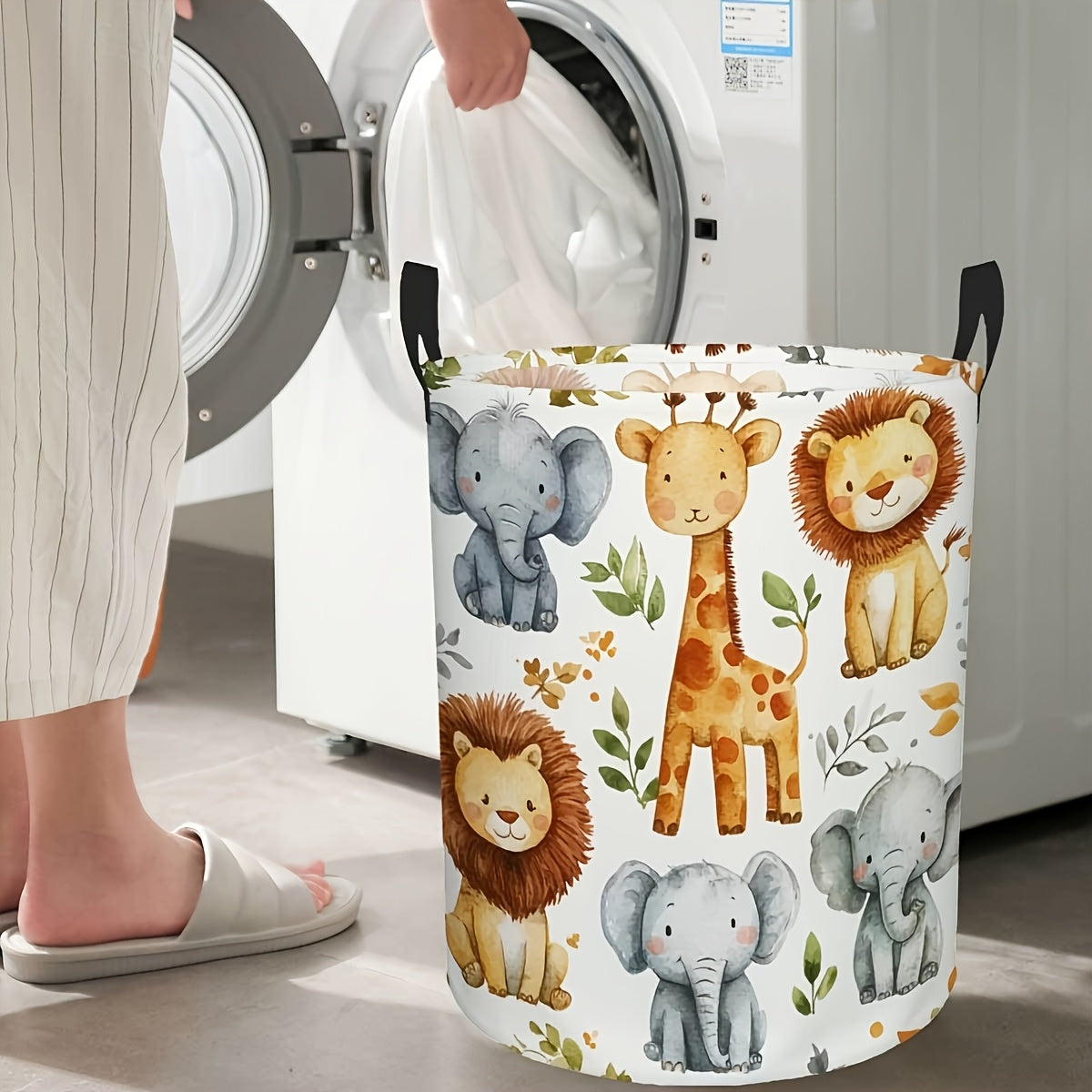 Safari Animal Print Foldable Laundry Basket with Sturdy Handle