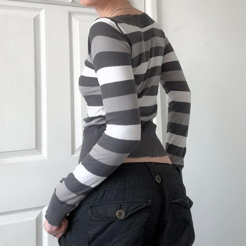 Figure-hugging Long-sleeve Base Sweater with Striped V-neck