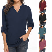 V-neck Shirt Three-quarter-length Rolled Sleeves Fitted Waist Top T-shirt