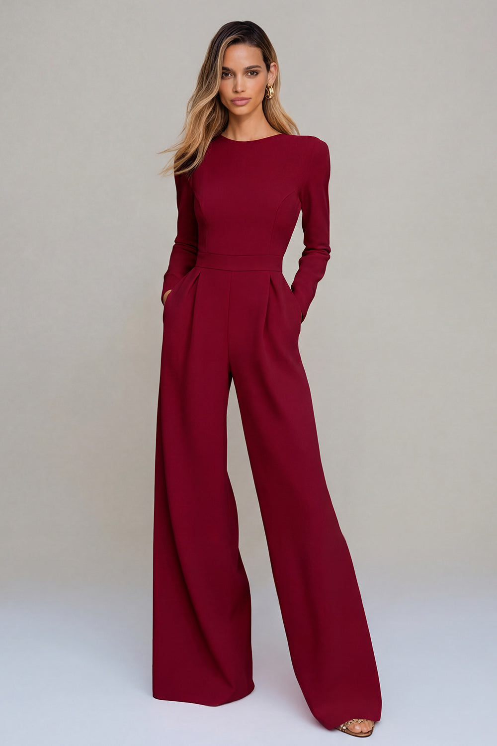 Chic Long-Sleeve Waist-Cinching Wide-Leg Jumpsuit