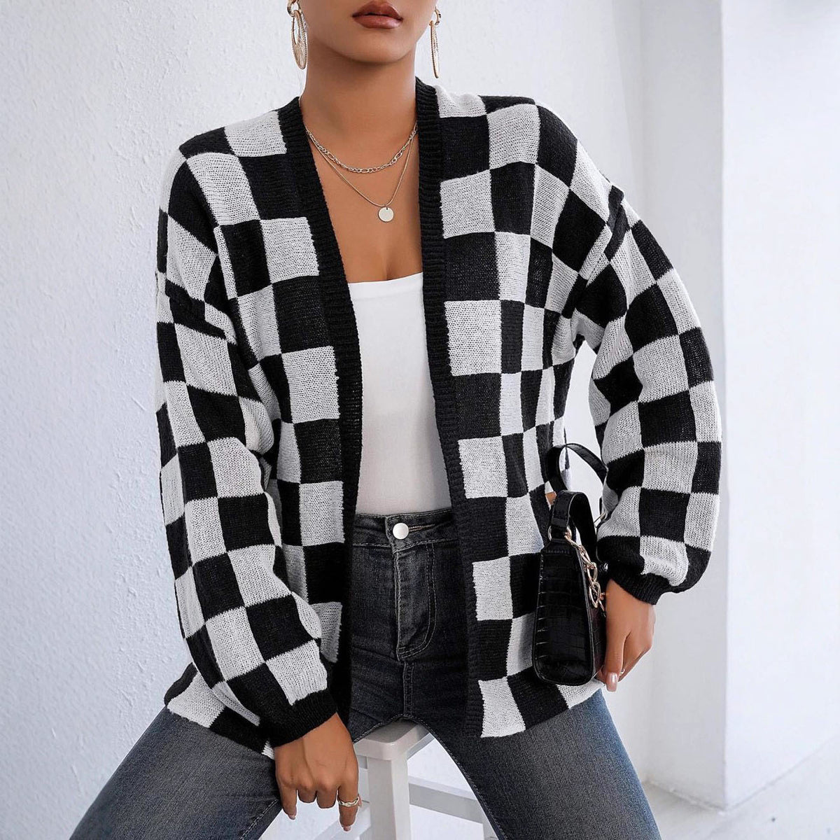 Womens Casual Loose Sweater Coat with a Checkerboard Pattern